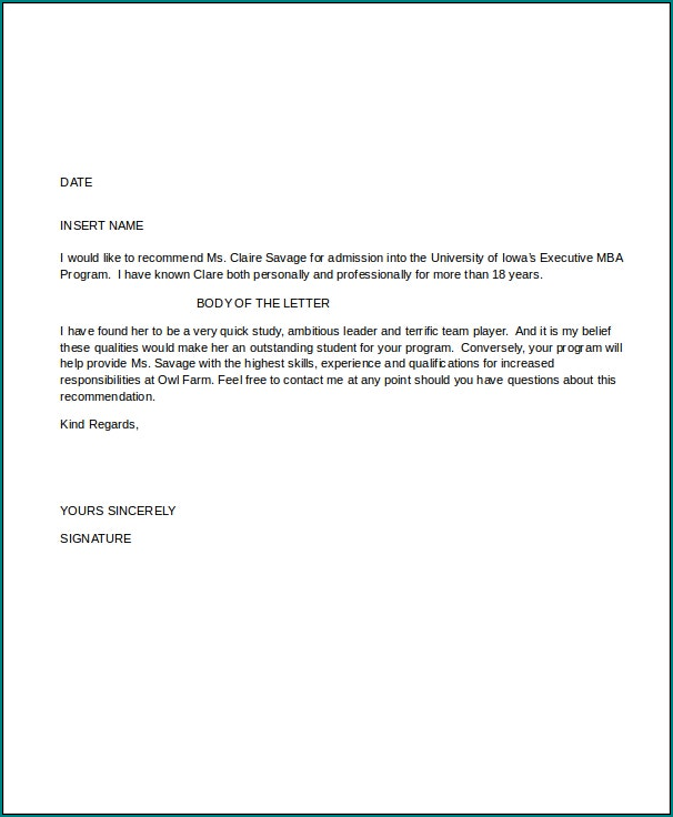 Professional Letter Of Recommendation Example