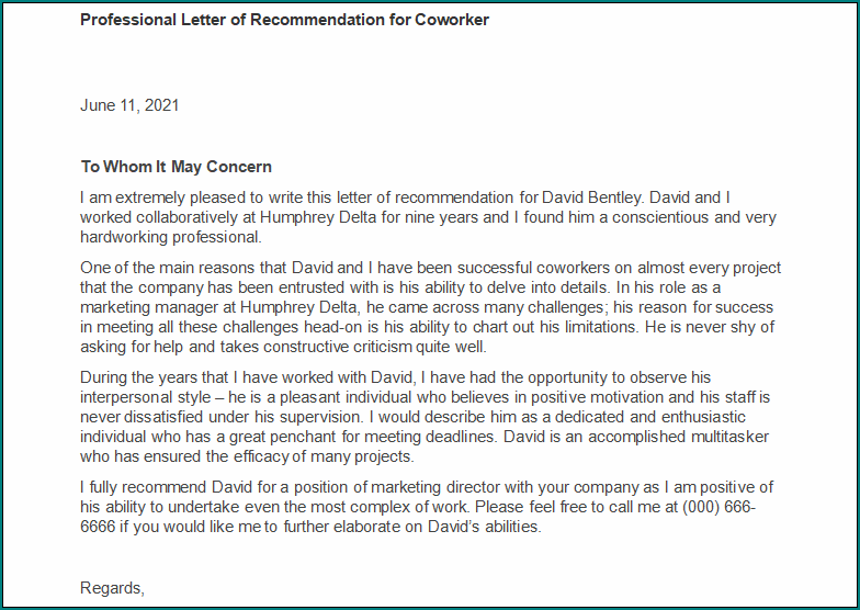 Professional Letter Of Recommendation