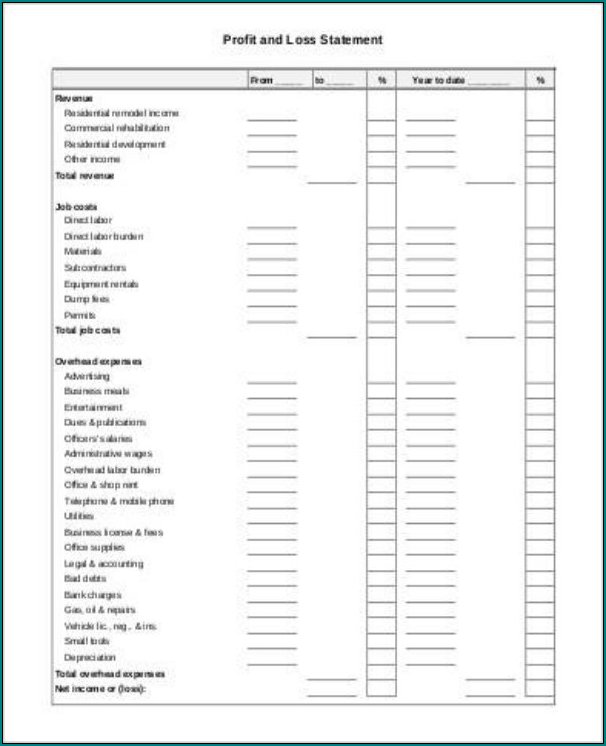 Profit And Loss Account Template Example