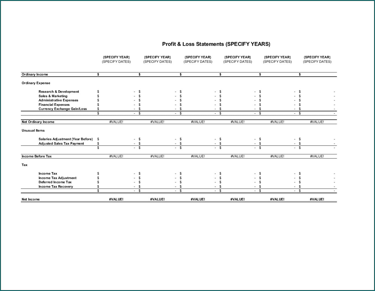 Profit And Loss Statement Excel Sample