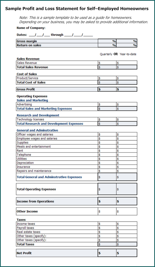Profit And Loss Statement Excel Template Example