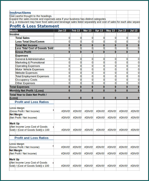 Profit And Loss Template Excel Example