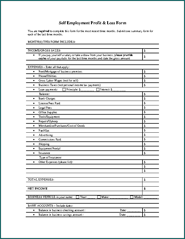 Profit And Loss Template For Self Employed Example