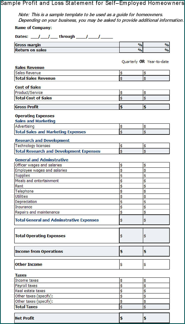 Profit And Loss Template For Self Employed Sample