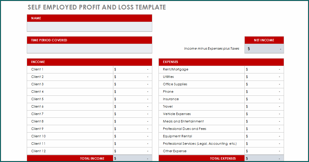 Profit And Loss Template For Self Employed