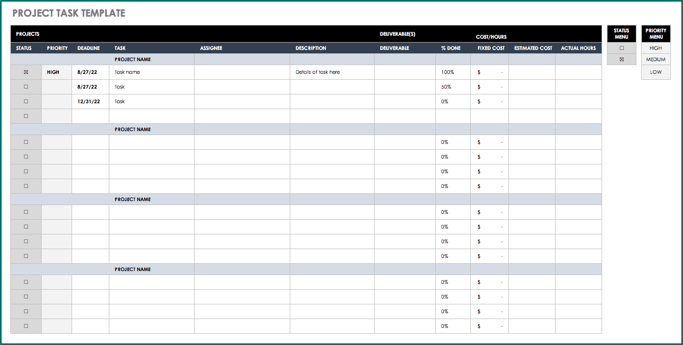 Project Task List Template Sample