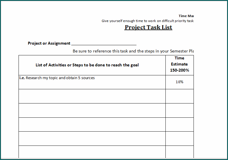 Project task List Template Excel
