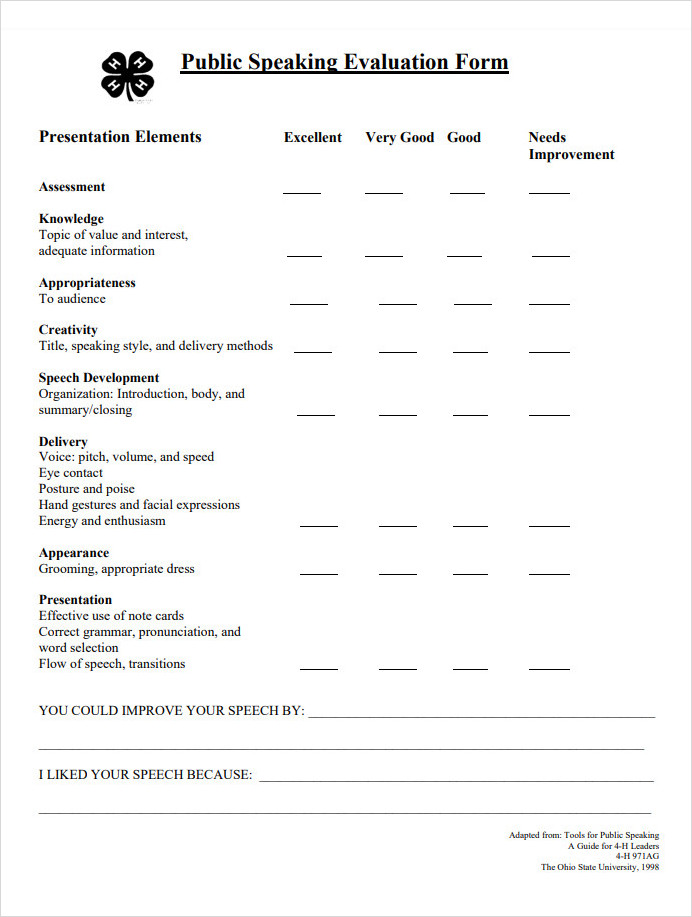 Public Speaker Evaluation Form Public Speaker Evaluation Form