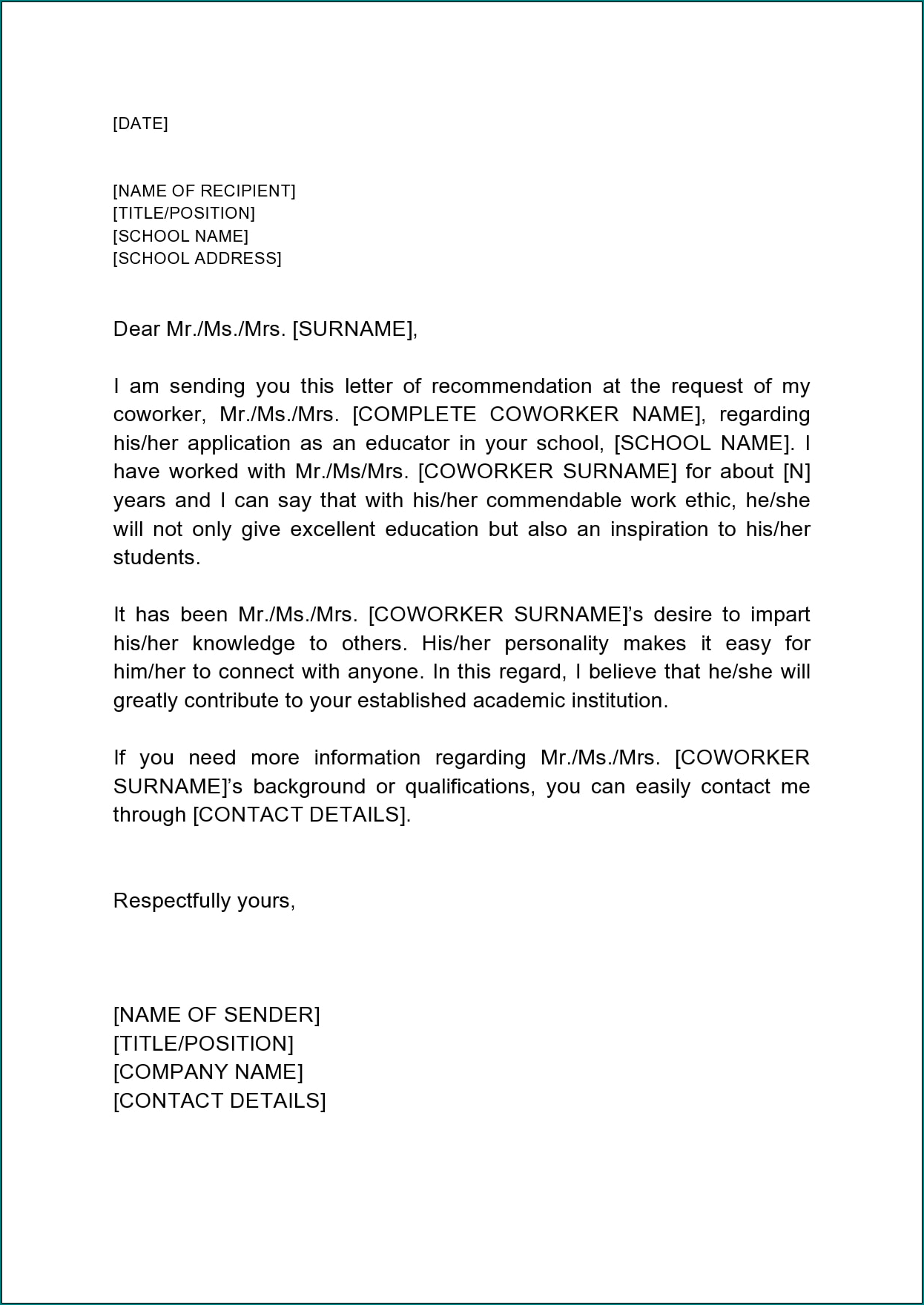 Recommendation Letter For Job Example