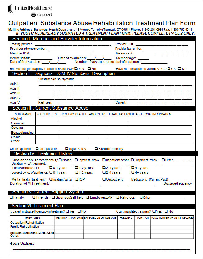 Rehabilitation Treatment Plan Form Rehabilitation Treatment Plan Form