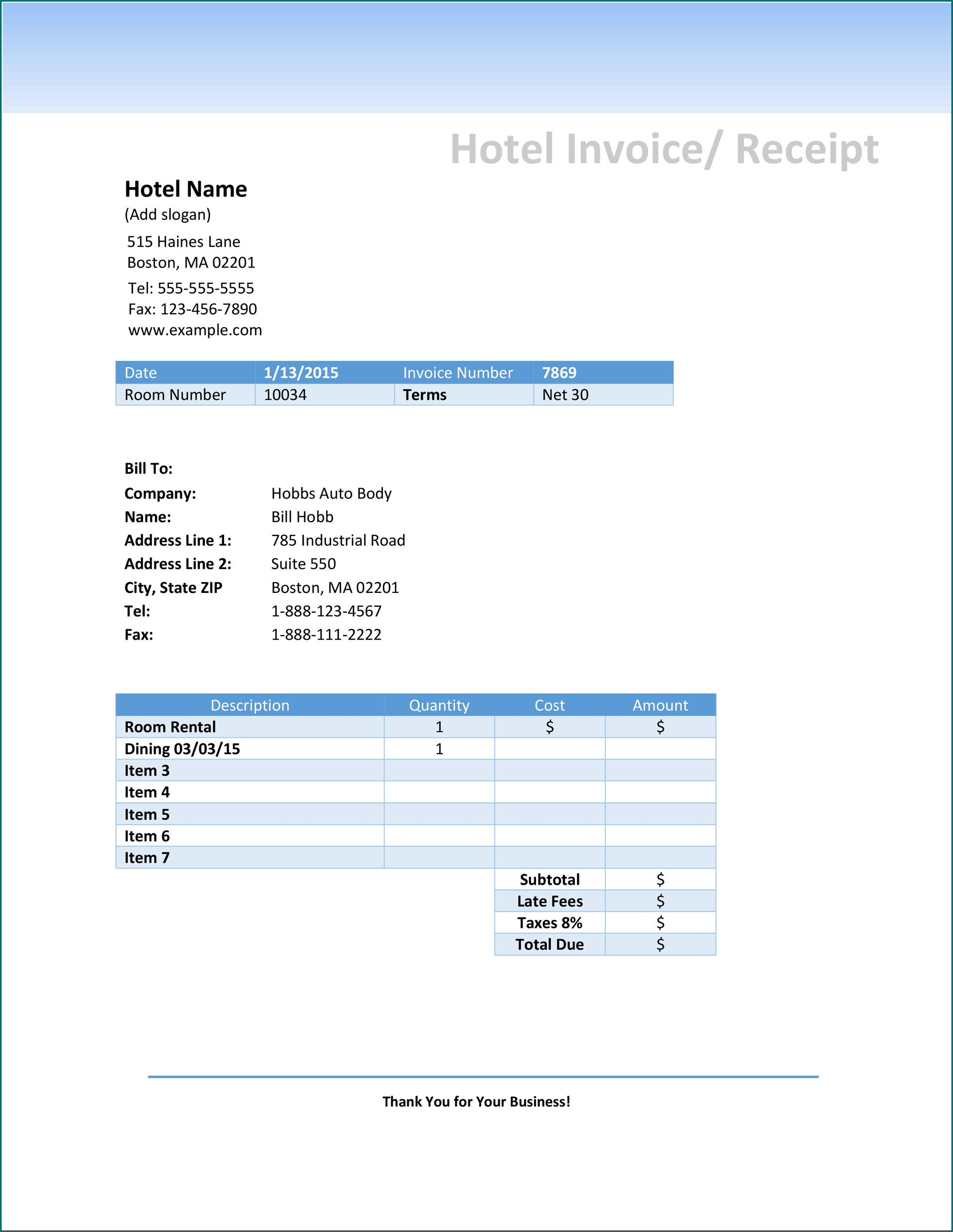 Reservation Receipt Template Sample