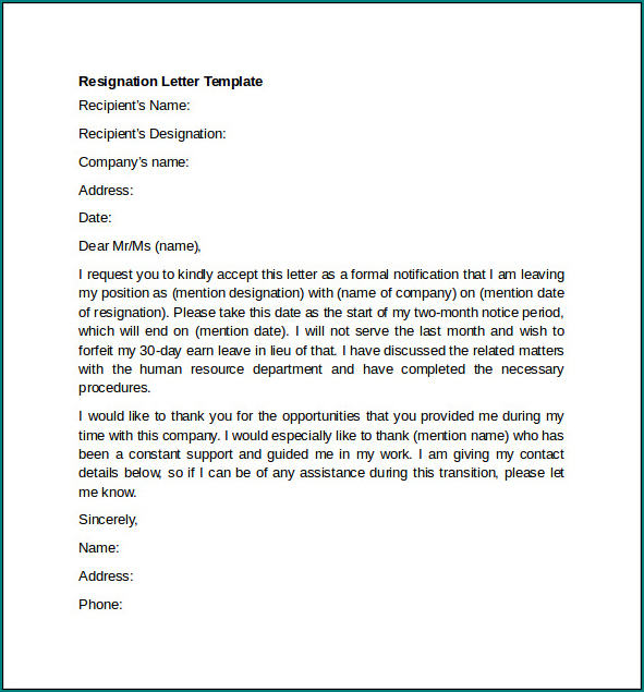 Resignation Letter Template Example