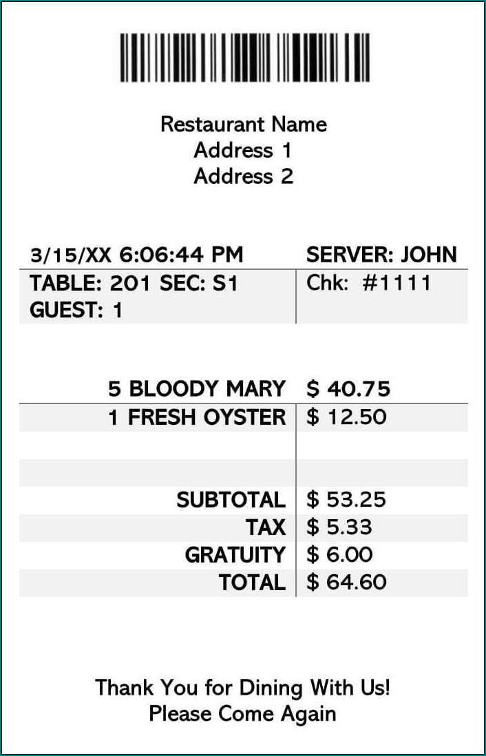Restaurant Receipt Template Example