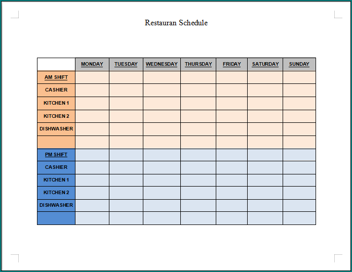 Restaurant Schedule Template