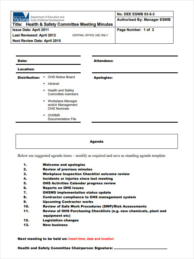 Safety Committee Meeting Minutes Template Safety Committee Meeting Minutes Template
