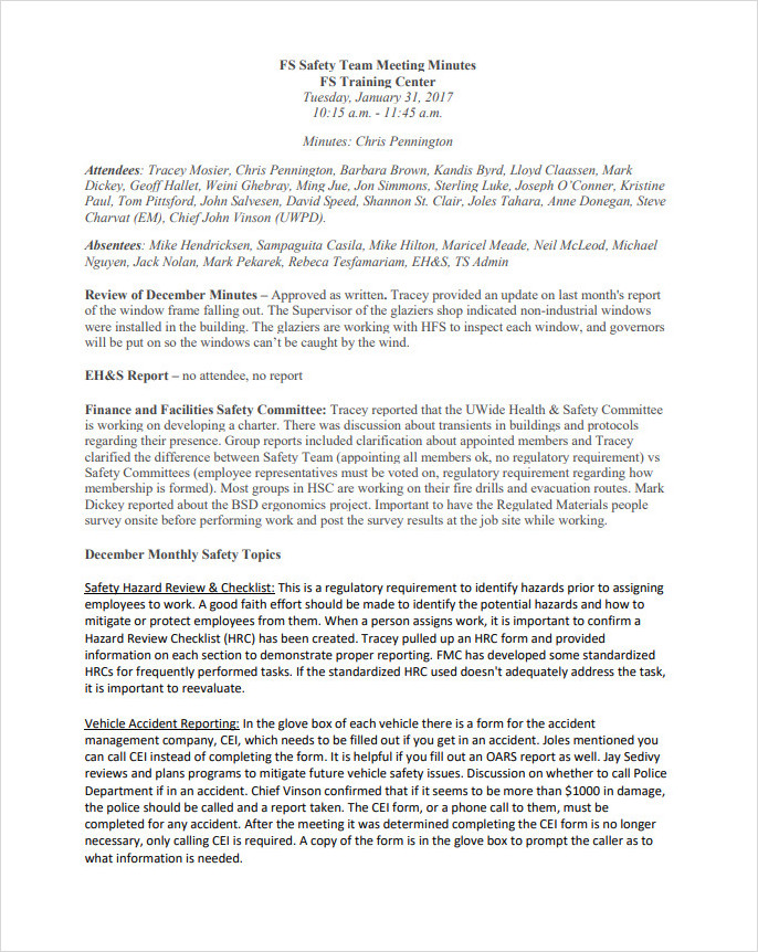 Safety Team Meeting Minutes Template Safety Team Meeting Minutes Template