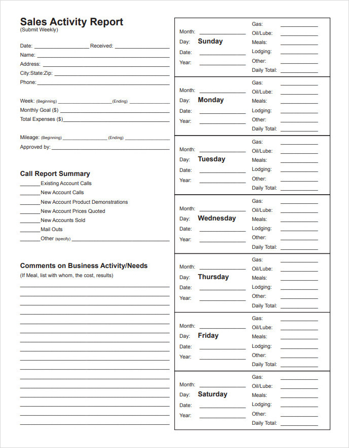 Sales Call Activity Report Template Sales Call Activity Report Template