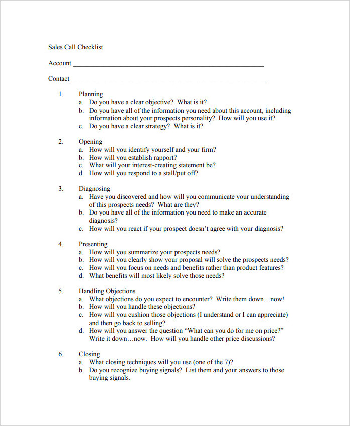 Sales Call Checklist Template Sales Call Checklist Template