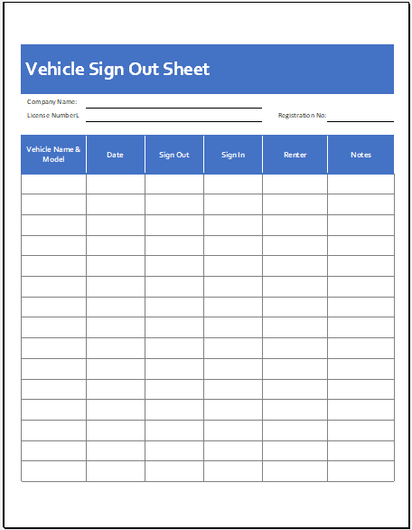 Sample Vehicle Sign out Sheet Template Sample Vehicle Sign out Sheet Template