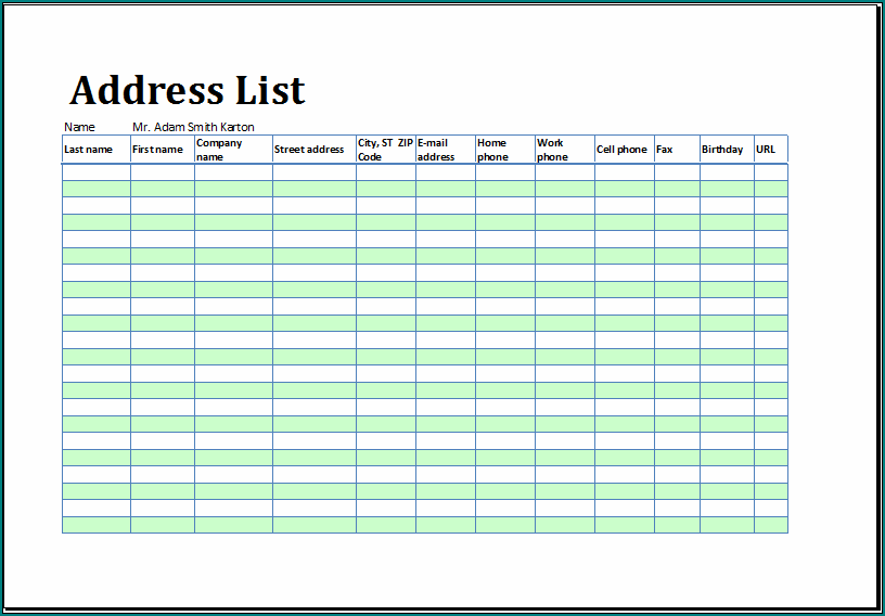 Sample of Address List Template