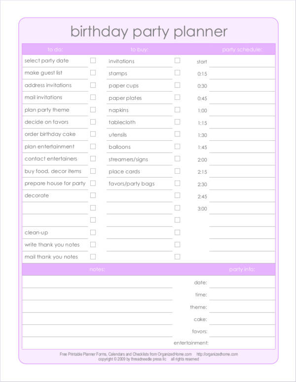 Sample of Birthday Party Planner Template Sample of Birthday Party Planner Template