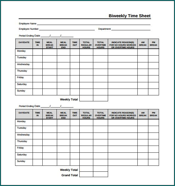 Sample of Biweekly Timesheet Template