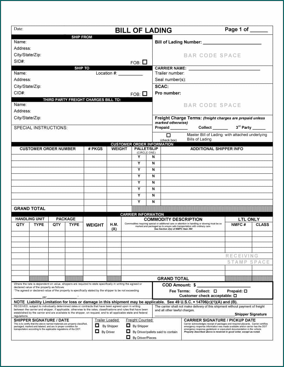 Sample of Blank Bill Of Lading Template
