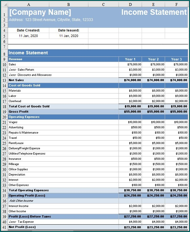Sample of Blank Profit And Loss Statement Template