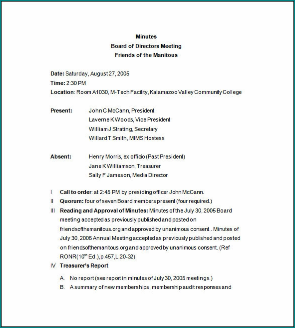 Sample of Board Meeting Minutes Template Word