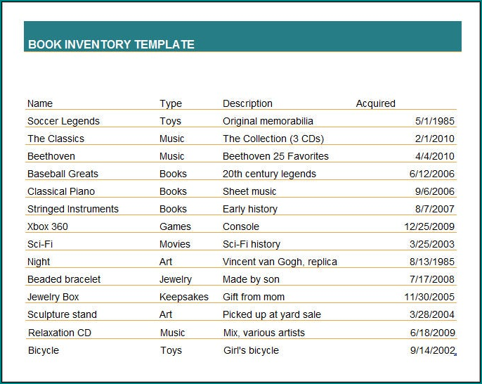 Sample of Book Inventory List Template