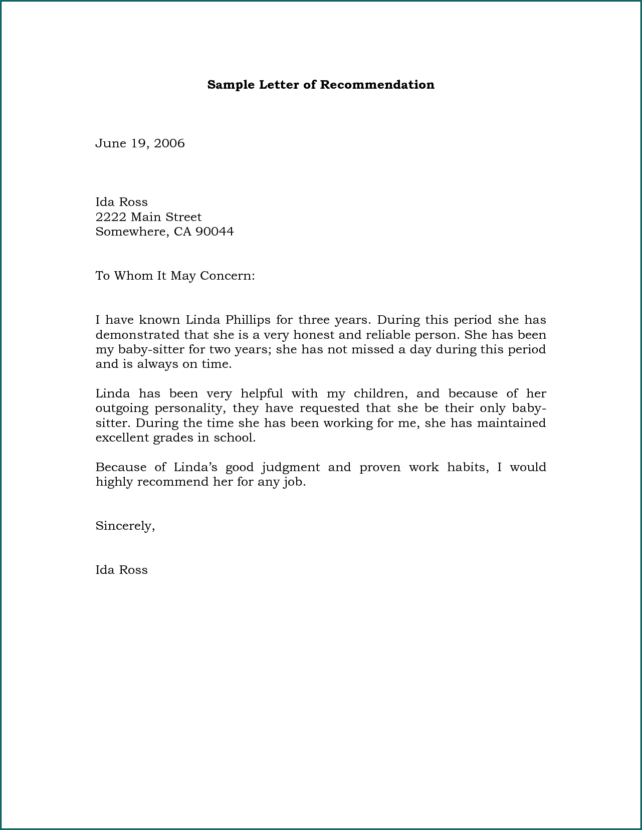 Sample of Business Recommendation Letter Template