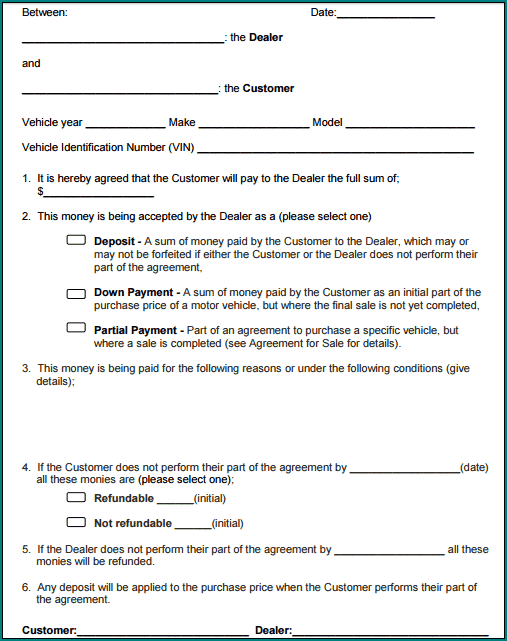Sample of Car Deposit Receipt Template