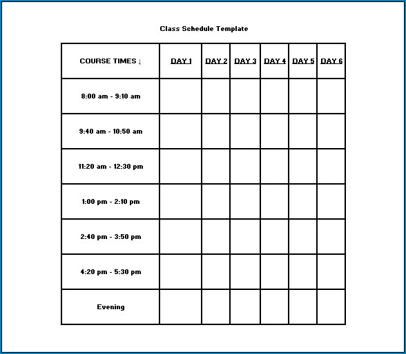 Sample of Class Schedule Template
