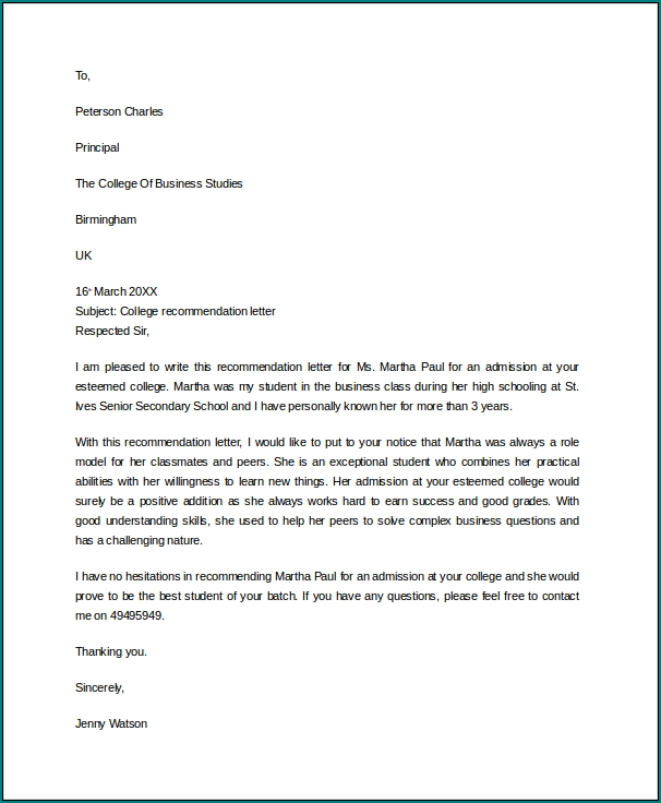 Sample of College Recommendation Letter Template