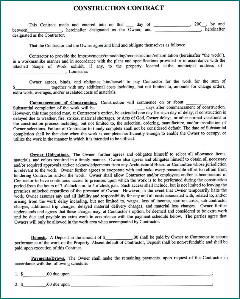 Sample of Construction Contract Template