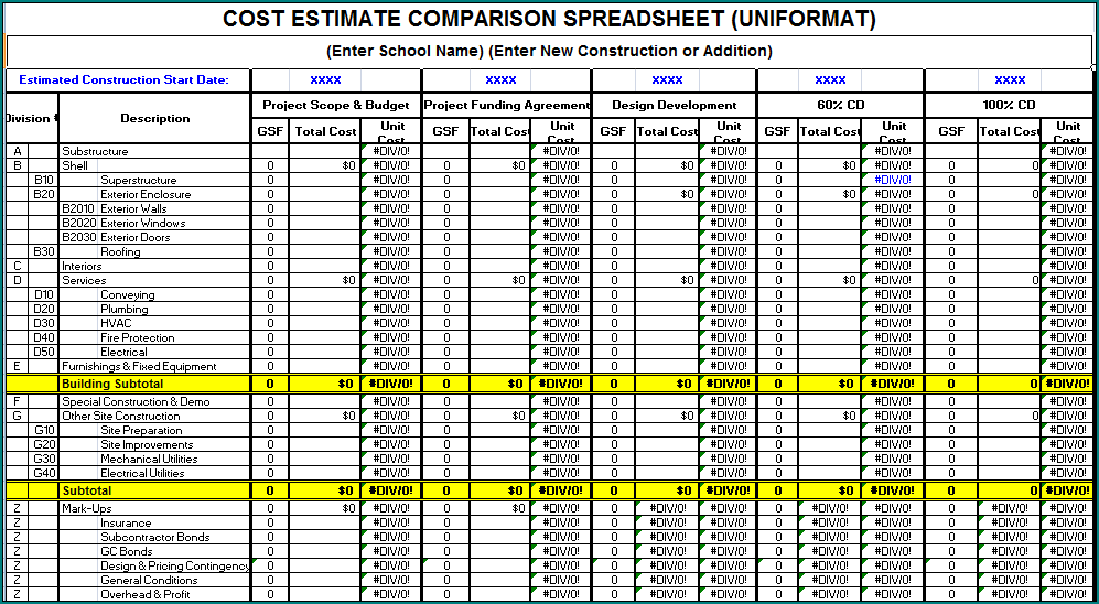 Sample of Construction Cost Estimate Template Excel