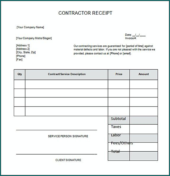 Sample of Contractor Receipt Template