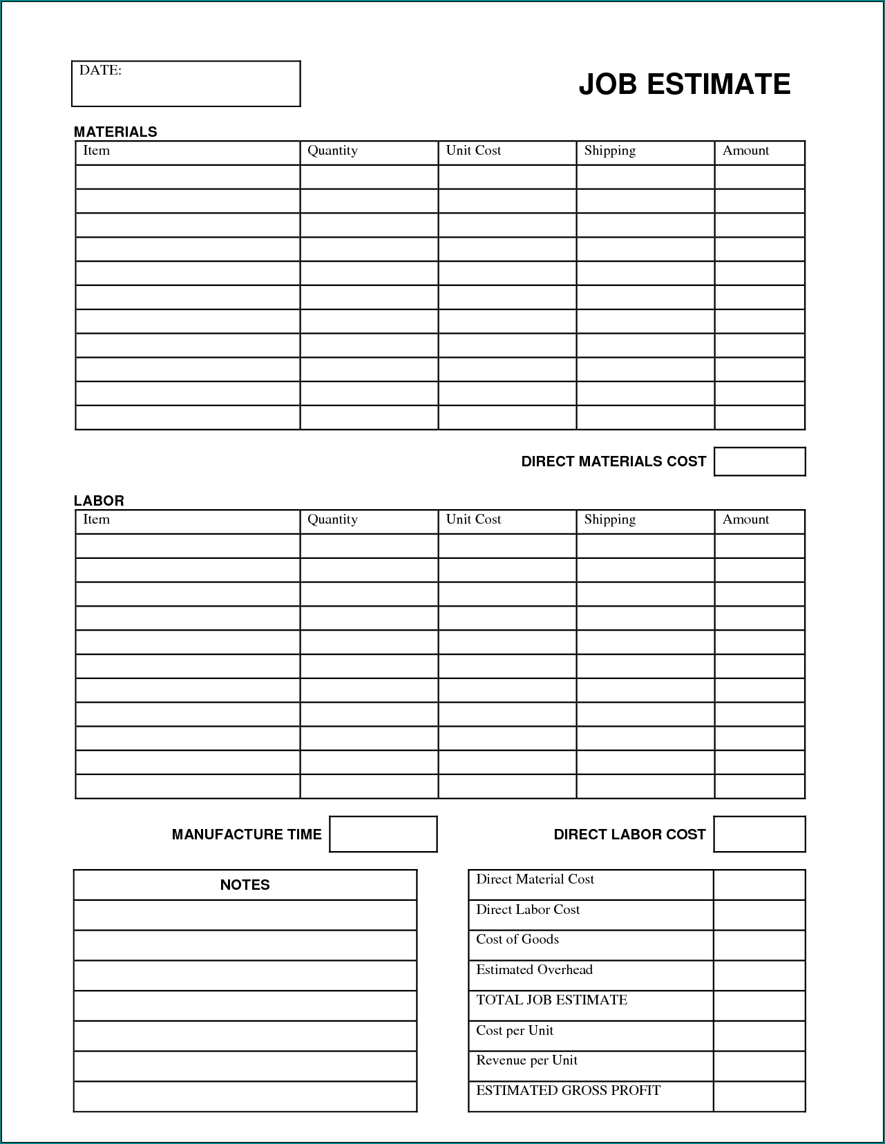 Sample of Contractor estimate Template