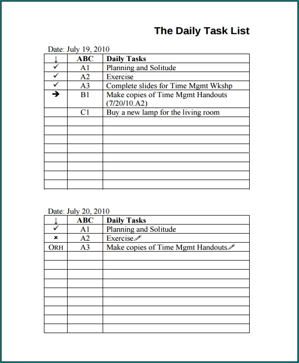 Sample of Daily Task List Template