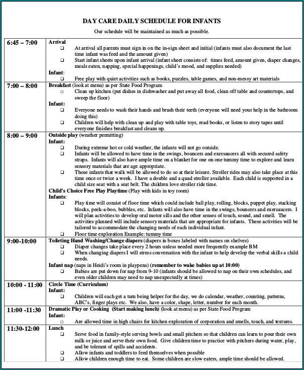 Sample of Daycare Schedule Template
