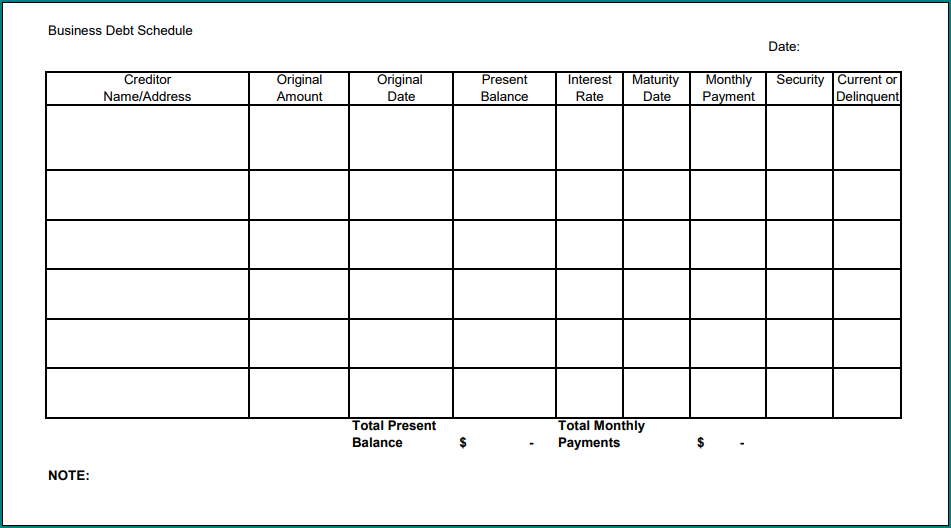 Sample of Debt Schedule Template