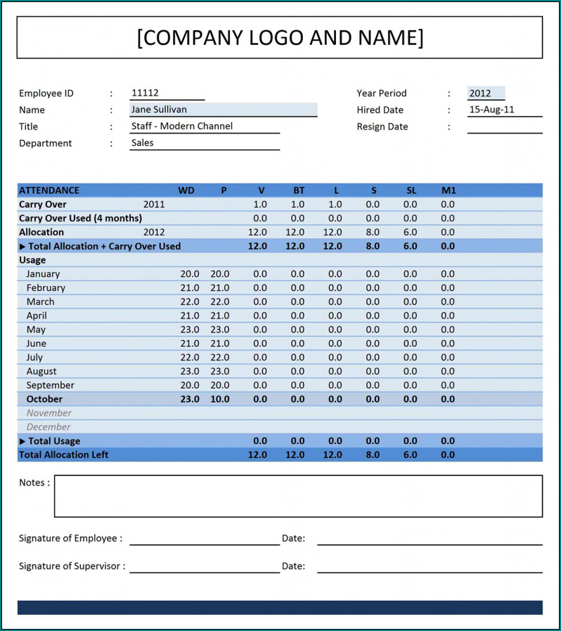 Sample of Employee Attendance Tracker Template