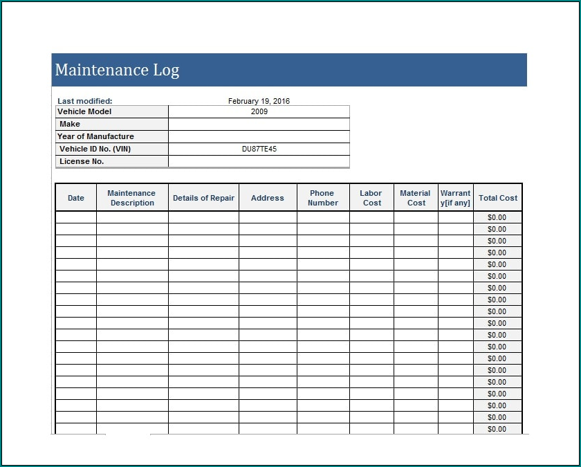 Sample of Equipment Maintenance Log Template