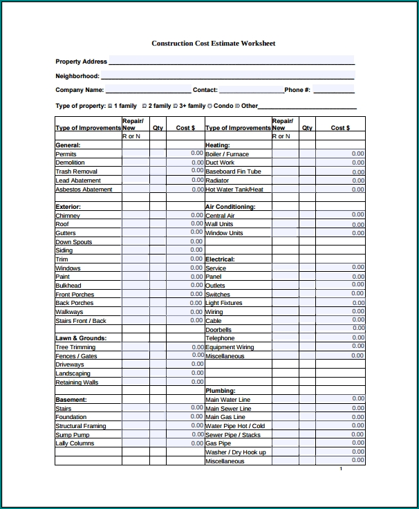 Sample of Estimate Sheet For Construction