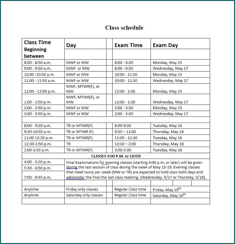 Sample of Excel Class Schedule Template