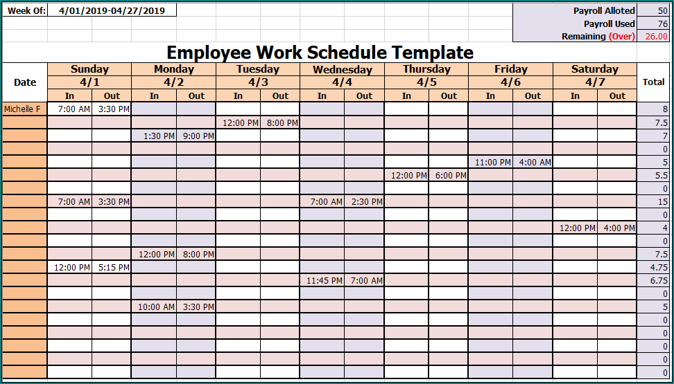Sample of Excel Work Schedule Template