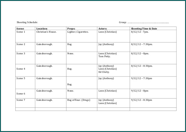 Sample of Filming Schedule Template