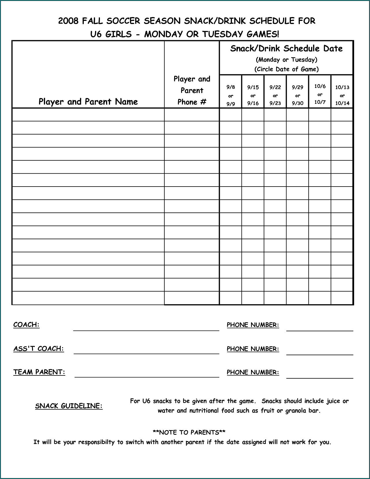 Sample of Game Schedule Template
