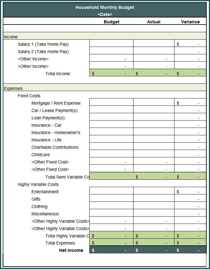Sample of Household Budget Template