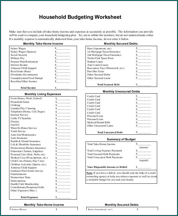 Sample of Household Budget Worksheet